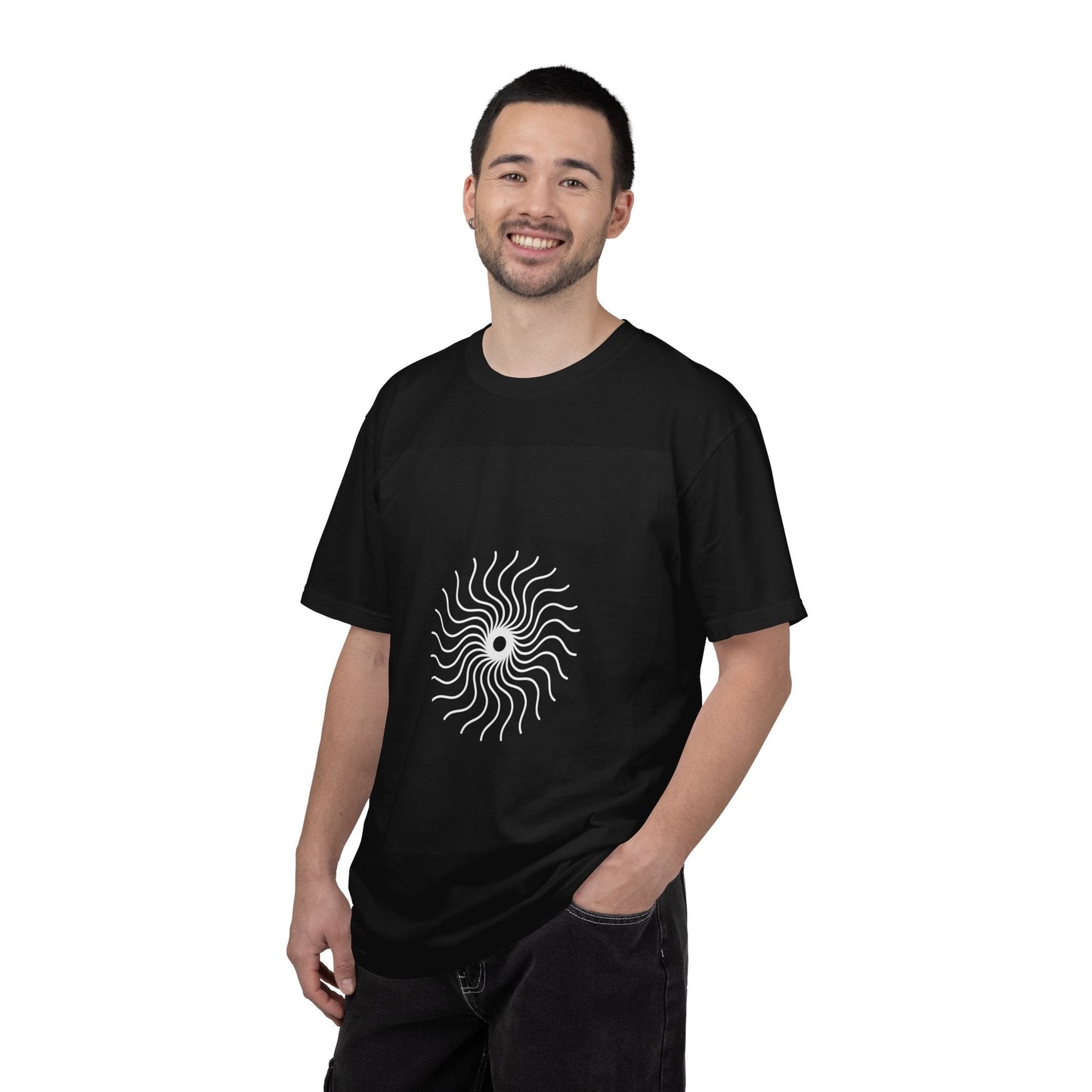 Solar Spiral Graphic Tee — Minimalist Black T‑Shirt with Centered Sunburst Design - inkprint