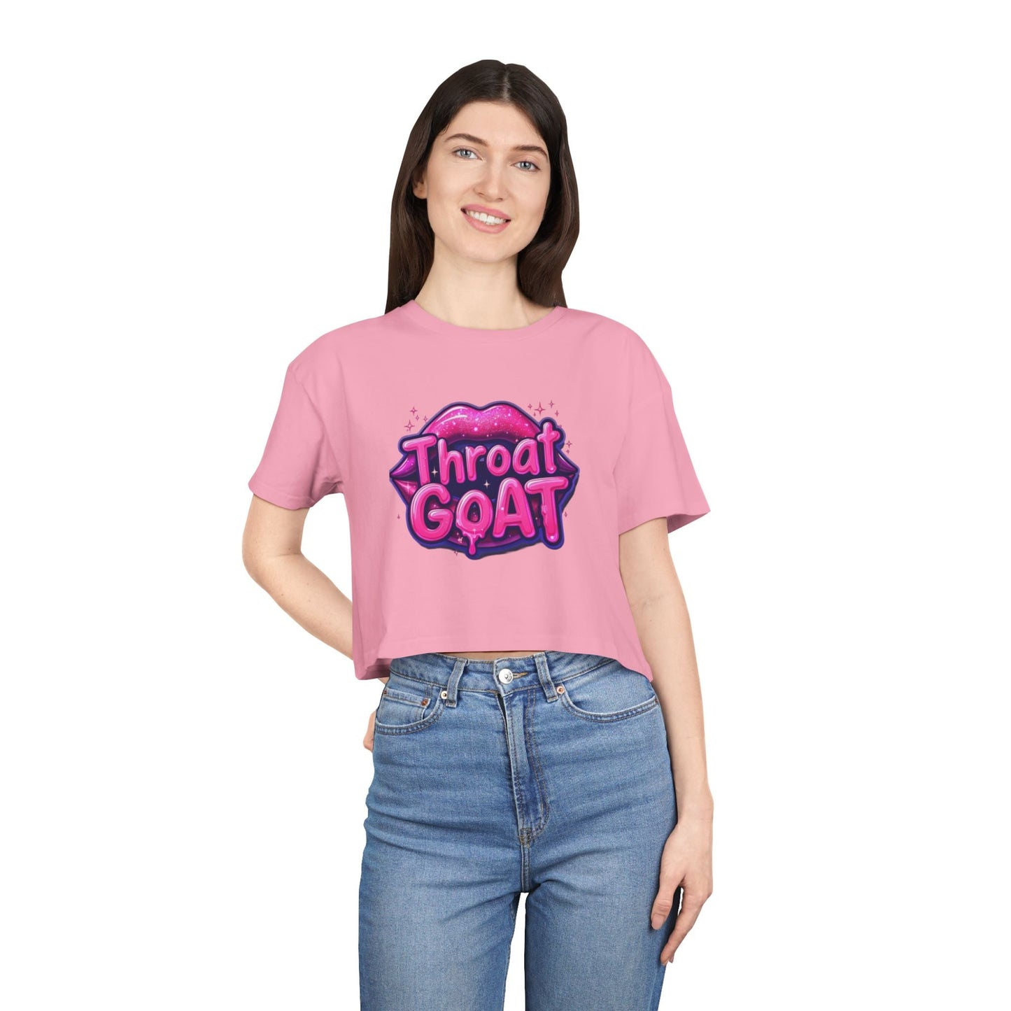Throat GOAT Women's Crop Tee — Bold Pink Graphic Retro Logo - inkprint