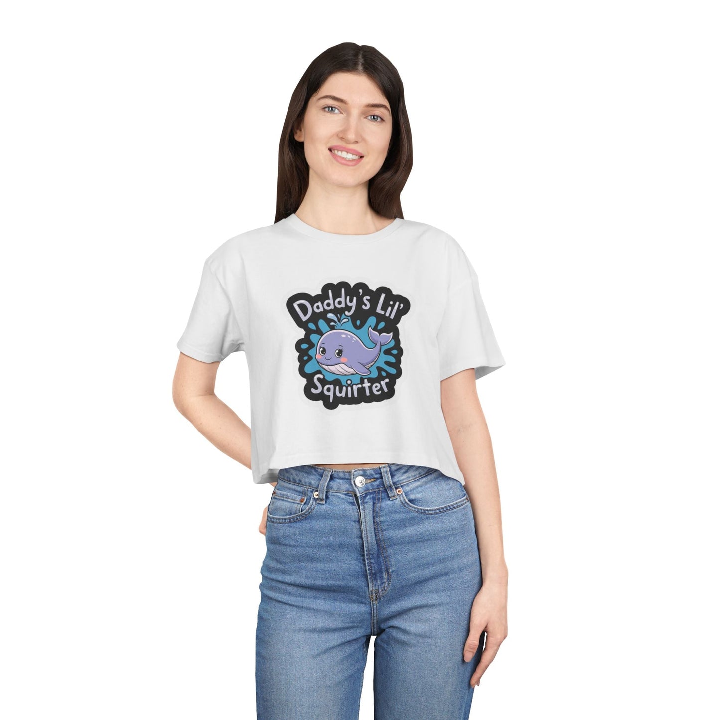 Daddy's Lil Squirter Cropped Tee — Cute Whale Graphic Women's Crop Top - inkprint