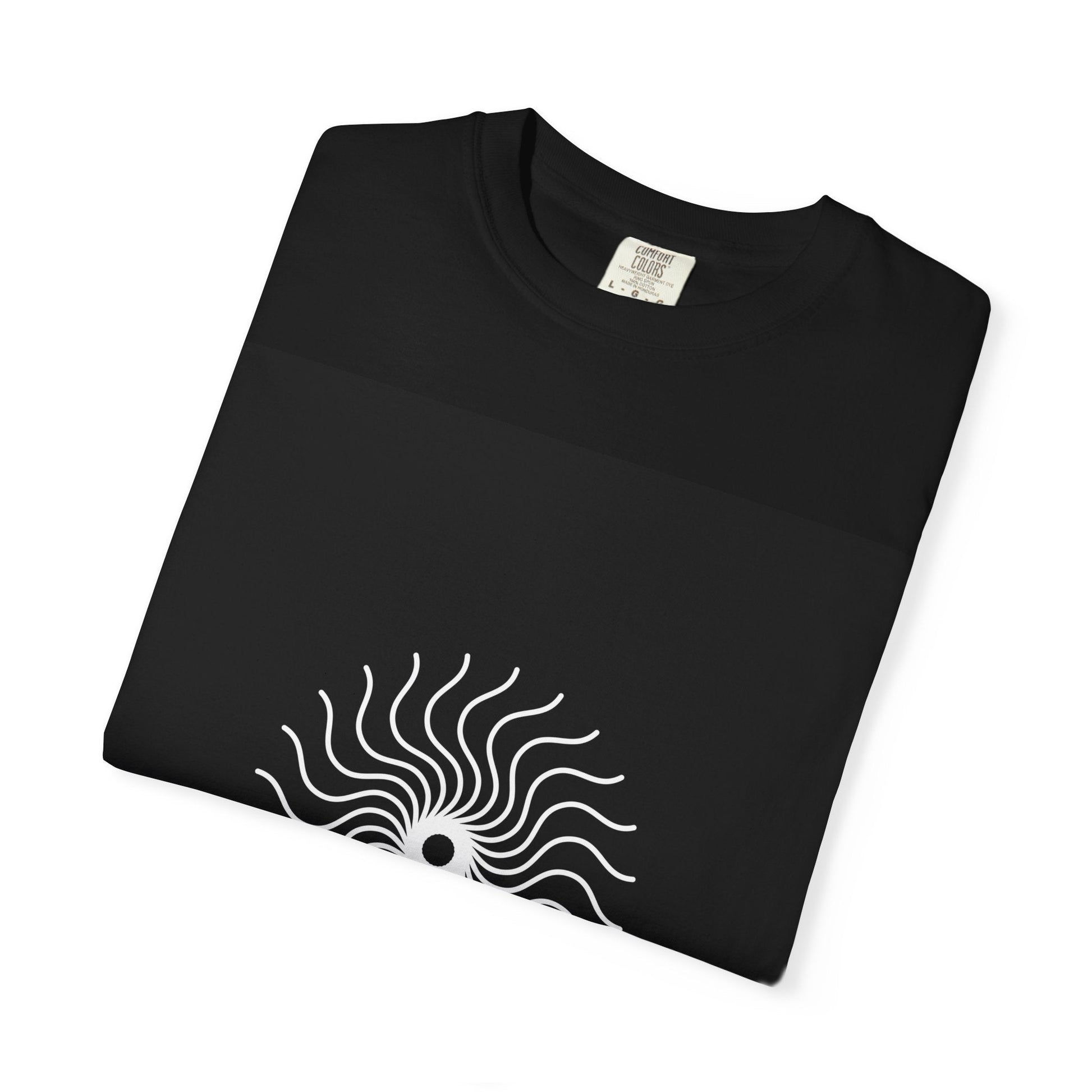 Solar Spiral Graphic Tee — Minimalist Black T‑Shirt with Centered Sunburst Design - inkprint