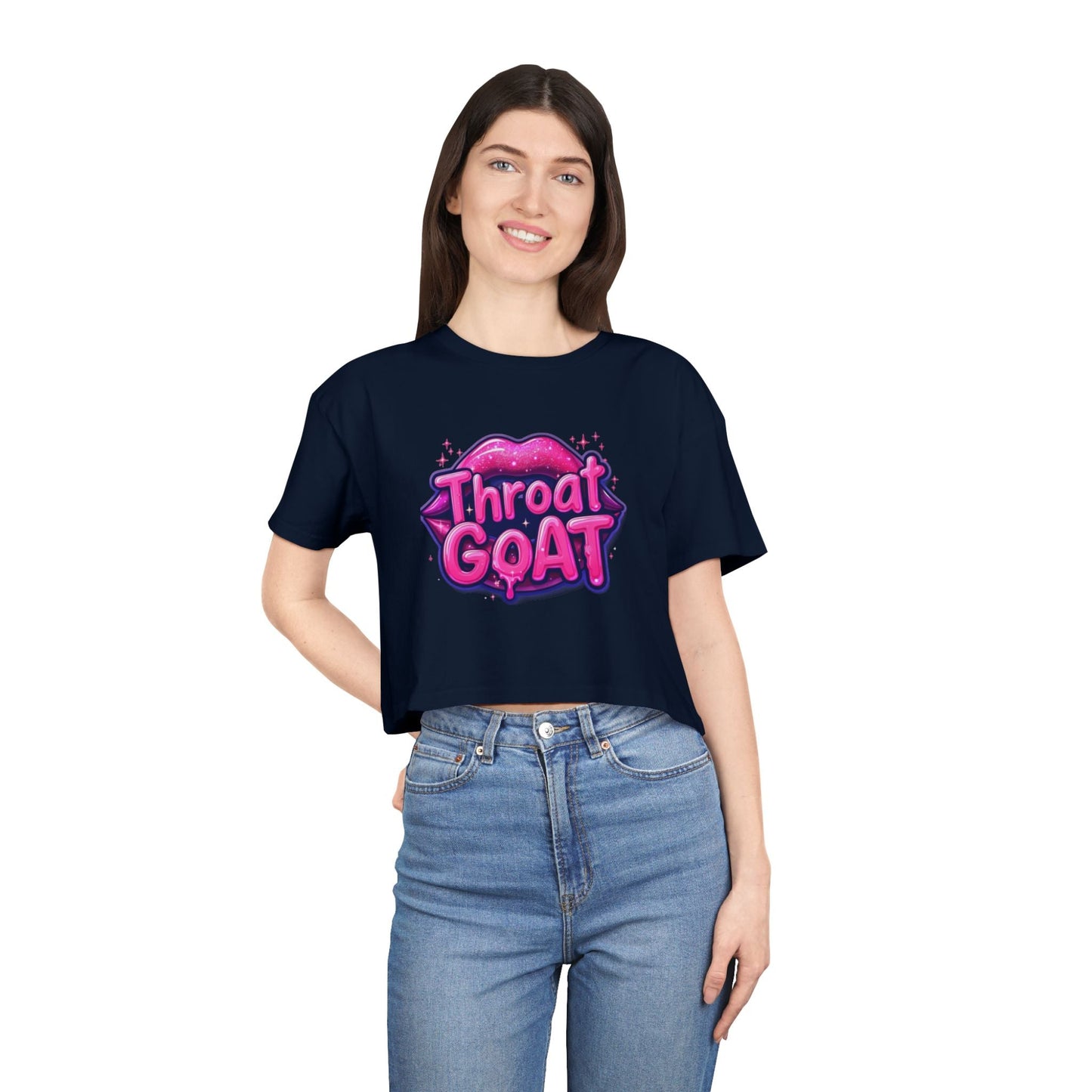 Throat GOAT Women's Crop Tee — Bold Pink Graphic Retro Logo - inkprint