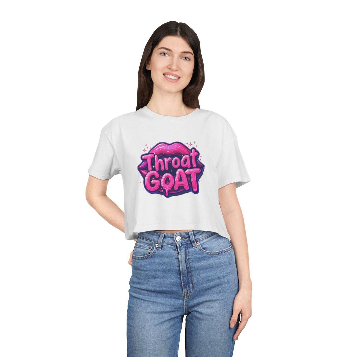 Throat GOAT Women's Crop Tee — Bold Pink Graphic Retro Logo - inkprint