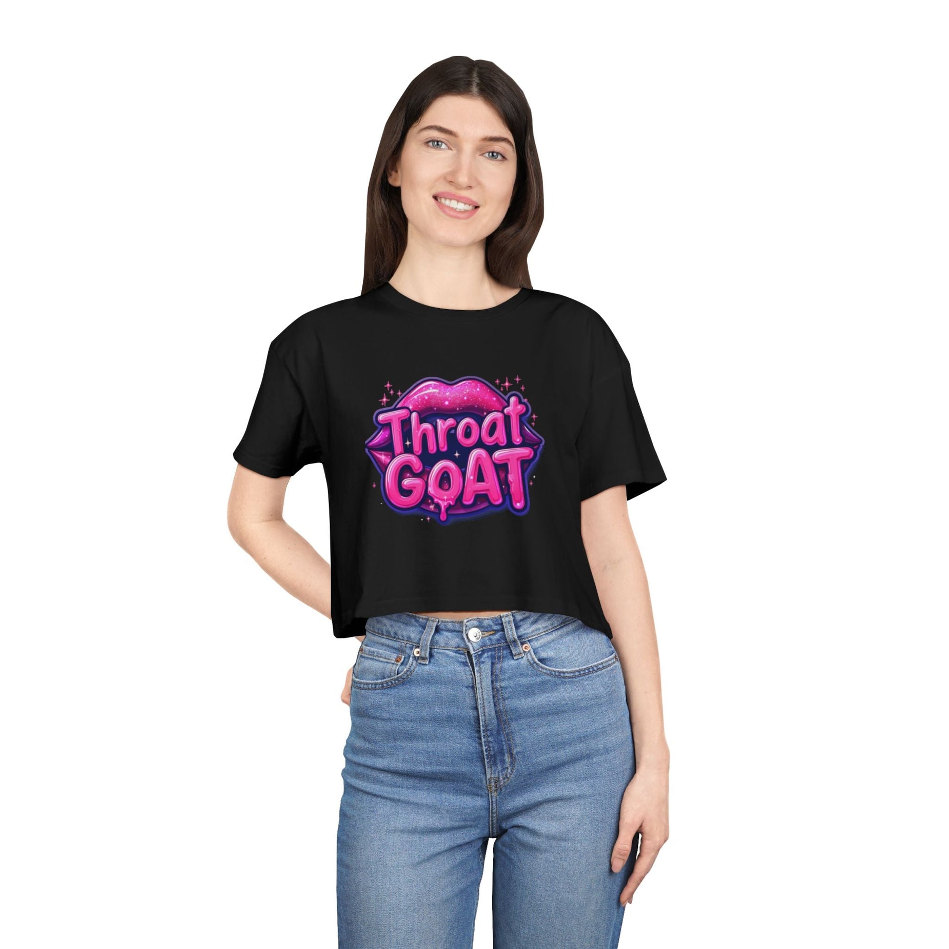 Throat GOAT Women's Crop Tee — Bold Pink Graphic Retro Logo - inkprint