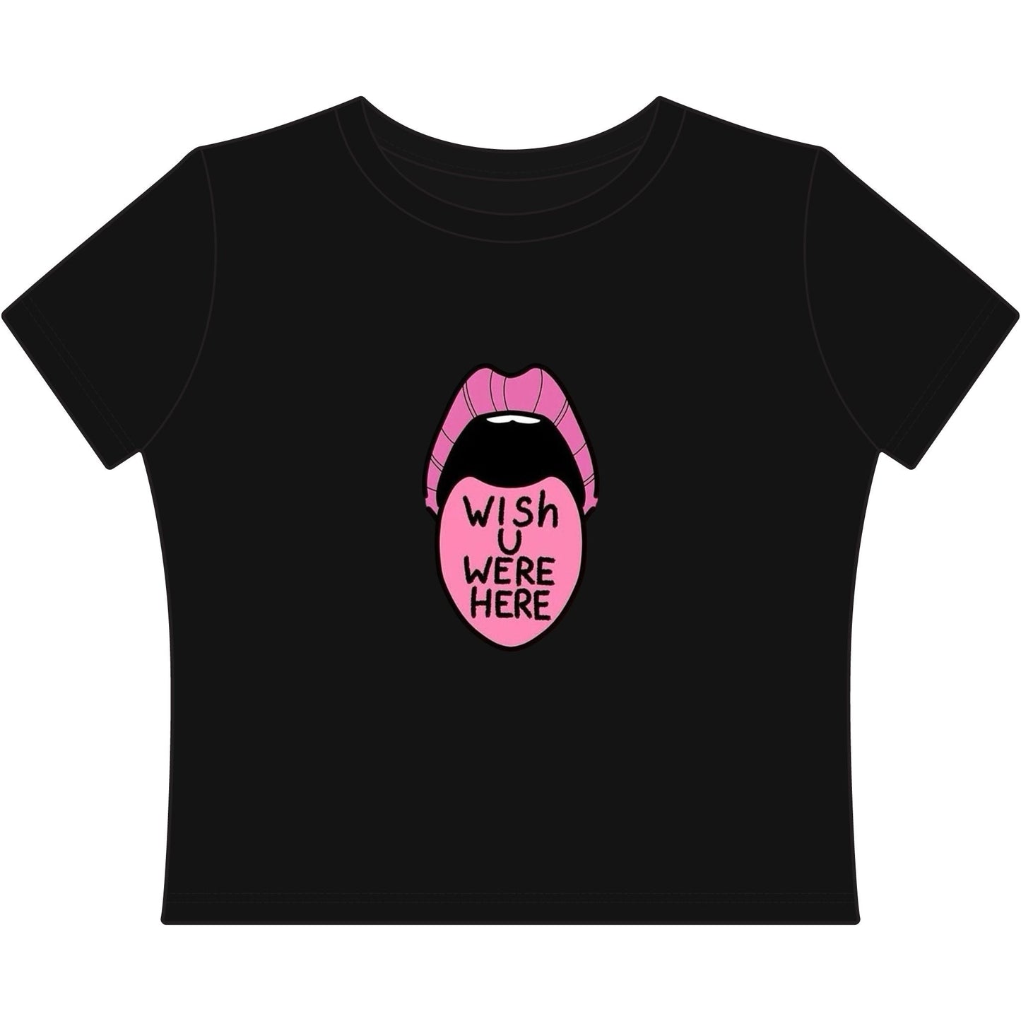 Women's Baby Tee — Pink Lips "Wish I Were Here" Graphic Crop Top - inkprint