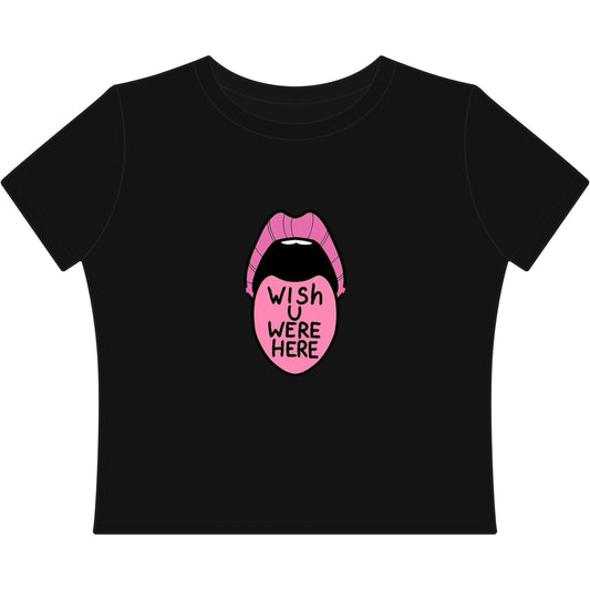 Women's Baby Tee — Pink Lips "Wish I Were Here" Graphic Crop Top - inkprint