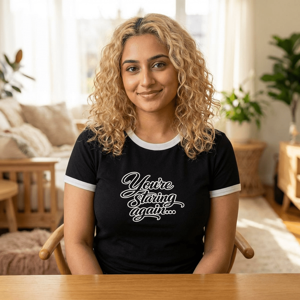You’re Staring Again Ringer Tee — Women's Retro Graphic T-Shirt - inkprint